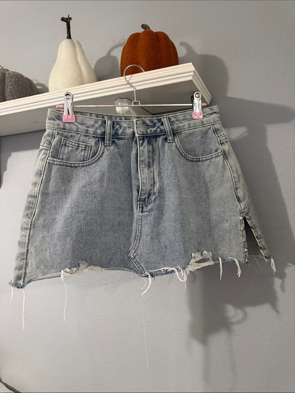 Light Wash Denim Mini Skirt - Casual Distressed Style